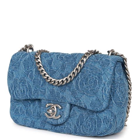 CHANEL Denim Quilted Camellia Sweetheart Mini Flap Blue 